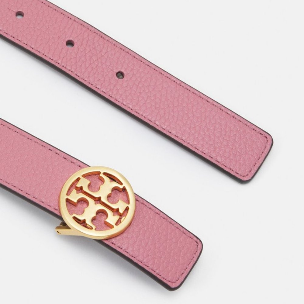 Tory Burch Reversible Logo WIDE Belt Burgundy Port Pink Magnolia - Picture 6 of 9